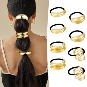 CWJCYTNSN 8 PCS Gold Hair Ties for Women Elastic Metal Hair Ties Ponytail Cuffs Holders for Thick Hair Elegant Geometric Design Hair Accessories