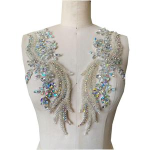 Handmade Rhinestones lace Applique handsewing Beads Trim Patches for Dress Clothing Accessories 35X12cm 1Pair/Bag (Clear AB)