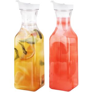 GUSTO [50 oz - 2 Pack] Plastic Carafe with Lid, Large Capacity Square Base - Clear Pitcher with Flip Top Lid, Easy-Pour Spout Juice Containers with Lids, Hand Wash Only - Perfect for Mimosa Bar