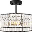 Pevfah Crystal Black Ceiling Light, Modern Semi Flush Mount Ceiling Lighting Fixture, Round Hallway Lighting Fixtures Chandelier for Kitchen Entryway Bedroom Dining Room, 3-Light, 15.7 Inch