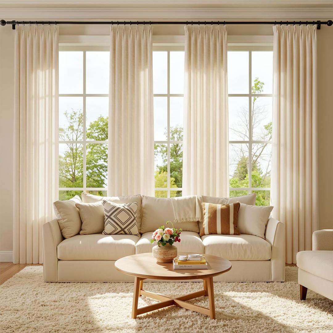 Pinch Pleated Linen Sheer Curtains 96" 2 Panels Cream Beige, Viral Pinch Pleat Clips, Light Filtering Privacy Anti-Glare, Wide Width Memory Shaped No-Iron for Living Bedroom Dining Room W40xL96