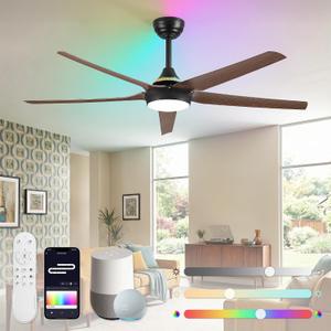 Fanbulous 56'' Smart Ceiling Fans with RGB Lights, Modern Ceiling Fan with Alexa/App/Remote Control, Dimmable LED Light, Reversible DC Motor, for Living Room, Bedroom, Game Room, Walnut