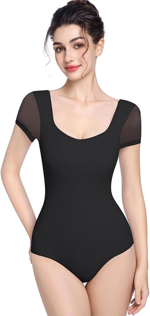 Women's 80s Retro Ballet Jumpsuit - Short-sleeve Adult Fit for Gymnastics, Dance & Stage Performances (Black, L)