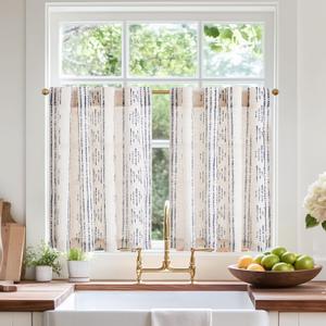 jinchan Boho Kitchen Curtains Linen Cafe Tier Curtains 24 Inch Bohemian Geometric Striped Mudcloth Small Window Drapes for Living Room Bathroom Cabinet Light Filtering Back Tab 2 Panels Blue on Flax