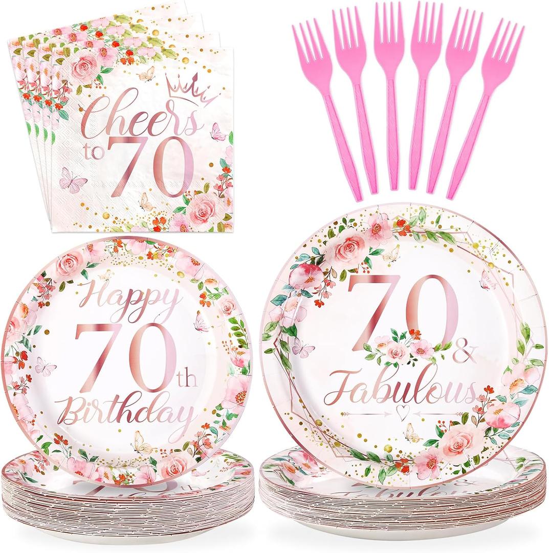 Grencian 96Pcs 70th Birthday Party Decorations for Women Rose Gold Floral 70th Fabulous Plates and Napkins Tableware Cheers to 70 Birthday Decorations for 70 Years Old Birthday Party Favors Serves 24