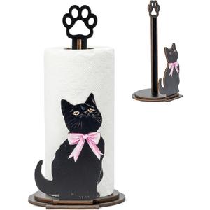 Black Cat with Pink Bow Paper Towel Holder - Wooden Paw Kitten Decorative Toilet Paper Stand for Countertop Kitchen Bathroom Roll Standing Organizer Table Decor Cat Lovers Housewarming Gift