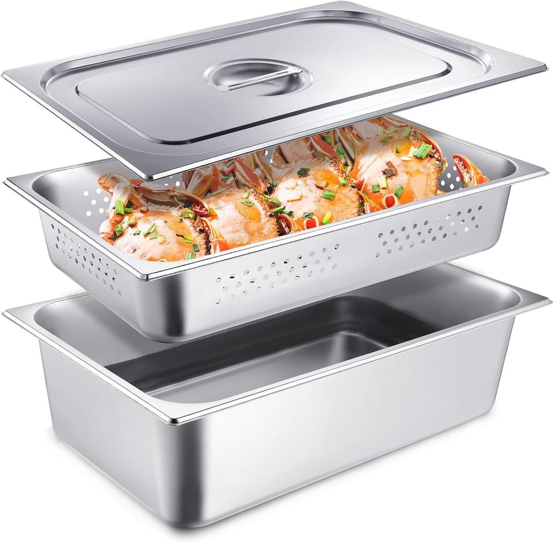 Ferraycle 3 Pack Full Size 4 Inch, 6 Inch Hotel Pan with Lid Perforated Steam Table Pan Restaurant Supplies for Kitchen, Steam Table Tray for Food Warmer