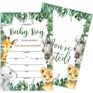 7 x Baby Shower Invitations for boy, Jungle Animals Fill In Invites Cards wih Envelopes, Wooden, Set of 25. (Green2)