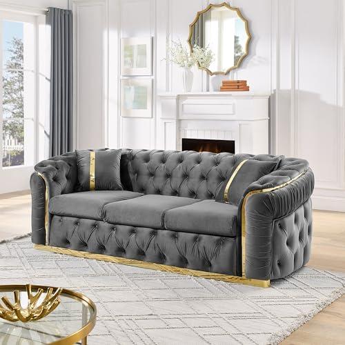 WILLIAMSPACE 90.6" Velvet Sectional Sofa Couch for Living Room, Modern Luxury 3 Seater Chesterfield Button Tufted Sofa with Gold Stainless Steel Accents for Living Room, Comfy Furniture, Gray