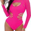 Kisscynest Women's Sexy Cutout One Piece Swimsuit Monokini with Long Sleeve Coverup Shirt (Pink, S)