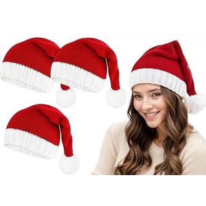 3Pcs Santa Hat Christmas Hats Bulk for Adults Men and Women, Xmas Holiday Red Knitted Beanie Unisex Classic Claus Hat for Xmas New Year Party Headwear