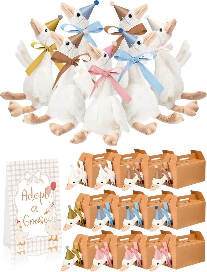 12 Set One Silly Goose Baby Shower Party Favors Swan Stuffed Animal Plush Toy and Mini Birthday Party Hats with Bow(Morandi Color)