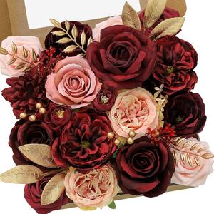 Serwalin Artificial Flowers, Burgundy Pink Flowers Fake Silk Flowers for DIY Wedding Bridal Bouquets, Wedding Cake Flowers for Table Centerpieces Bridal Shower Birthday Party Home Fall Decor