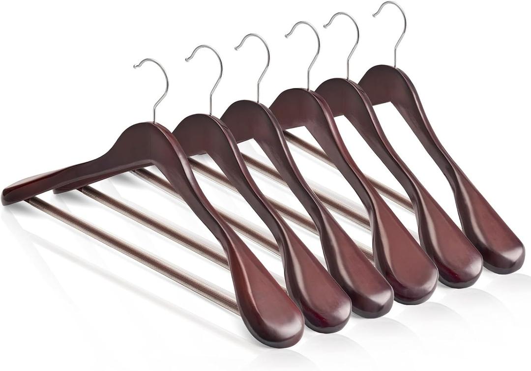 HOUSE DAY Wood Suit Hangers for Men, Wide Shoulder Wooden Hangers with Non Slip Pants Bar, Smooth Retro Finish 360 Swivel Hook Solid Wood Coat Hangers for Heavy Clothes Hanger 6 Pack (Cherry Wood)