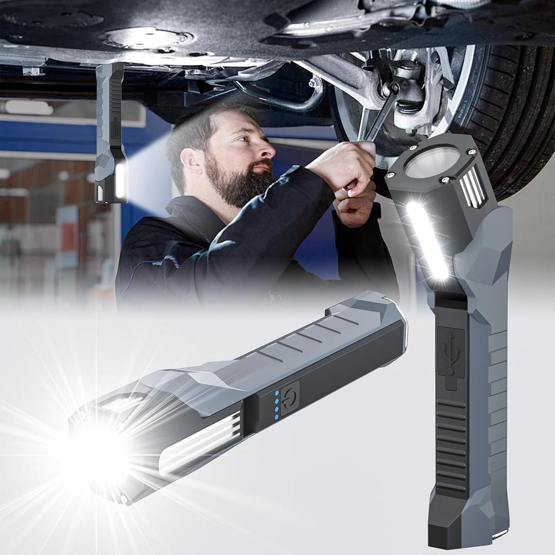 Rechargeable LED Work Light, 1200 Lumens Work Light with 160 Swivel Head, Magnetic Base & Hook, Magnetic Work Lights with 6 Lighting Modes for Car Repairs, Emergencies, and Power Outages(Grey)