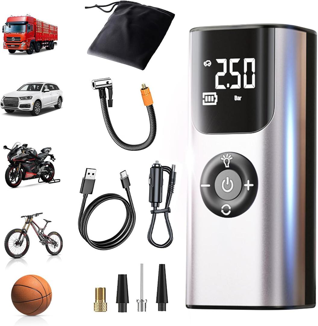 Tire Inflator Portable Air Compressor, Mini Cordless Air Pump for Car Tires, 150PSI Electric Tire Pump w/Pressure Gauge, Auto Portable Tire Inflator for Car, Motorcycle, Bike, Ball