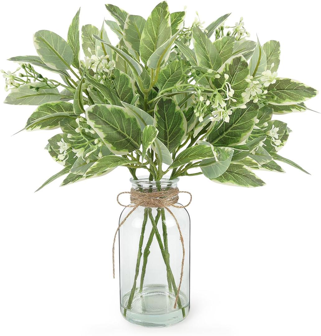 Fake Plants Eucalyptus Stems in Glass Vase with Faux Water, 12" Artificial Plants Eucalyptus Leaves for Shelf Desk Bathroom Farmhouse Coffee Table Home Decor