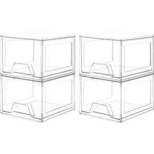 4 Pack Stackable Organizer Drawers, 4.4" Tall Clear Bathroom Makeup Organizer and Storage, Acrylic Small Organizers Bins for Vanity, Undersink, Bathroom, Pantry, Kitchen Cabinets (Clear-4 Pack)