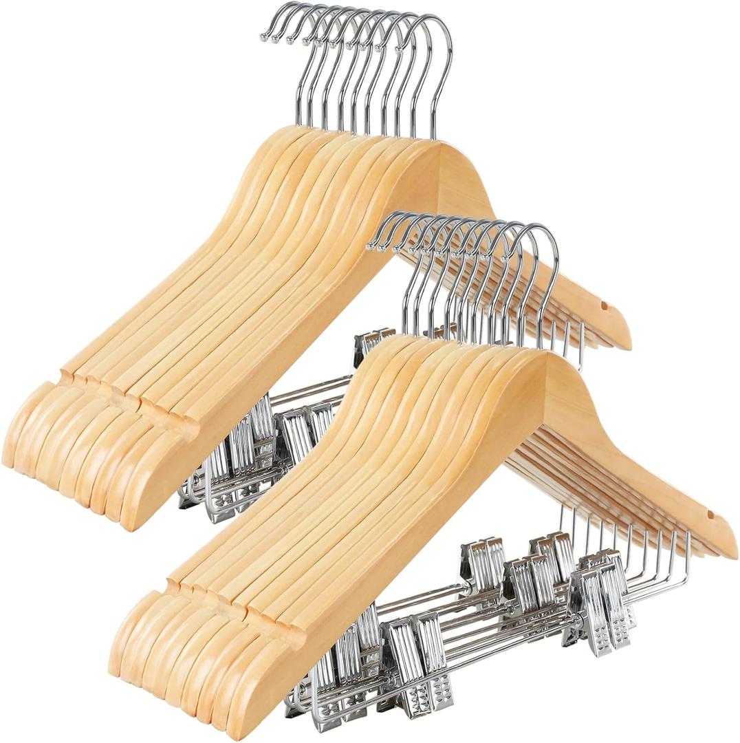 TOPIA HANGER Wooden Suit Hangers with Adjustable Metal Clips (20 Pack), Solid Smooth Wood Clothes Hangers, 360 Swivel Hook, Premium Pants Hangers for Clothes Coat, Jeans, Blouse-Natural, CT28N20