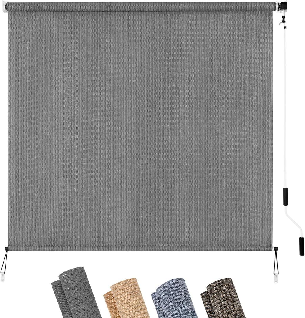 KELIXU Patio Shades Roll Up Outdoor Blind, 8' W x 8' H Cordless Sun Shade Privacy Screen with 90% UV Protection Exterior Roller Shade Cloth for Porch Pergola Backyard Windows Balcony, Gray