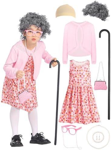 WATCPNO 100 Days of School Costume Pink Dress Set Old Lady Costume for kids Girls Grandma Costume for kids Dress Up (M(6-7))