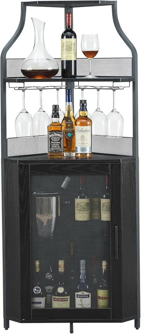 IDEALHOUSE Corner Bar Cabinet, Wine Bar Cabinet with Large Storage Space and Detachable Wine Rack, Wine Cabinets with Glass Holder and Mesh Door for Dining Room, Living Room, Kitchen (Black)