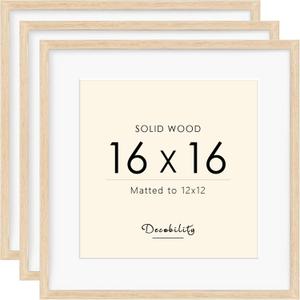 16x16 Picture Frame Made with Solid Wood Set of 3, Display 12x12 with Mat or 16x16 without Mat, Wall Gallery Frame Set for Tabletop or Wall Mounting Display, (3 Pack of Oak)