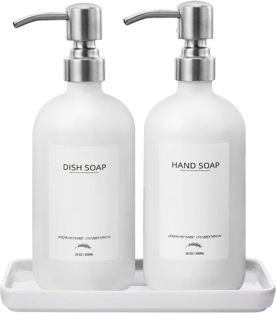Kitchen Soap Dispenser Set with Ceramic Tray, 16.9oz Glass Dish Soap Dispenser with 12 Waterproof Labels and Stainless Steel Pump, Hand Soap Dispenser for Kitchen Bathroom Farmhouse (White Bottles + Silver Pump)