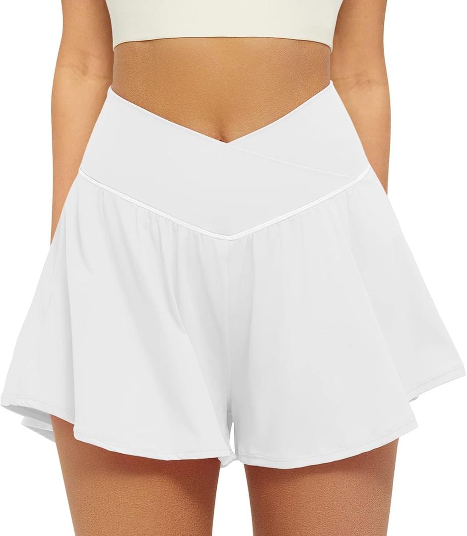 FireSwan Crossover Athletic Shorts for Women 2 in 1 Flowy Running Shorts with Pockets Spandex Butterfly Workout Tennis Skorts (White), M