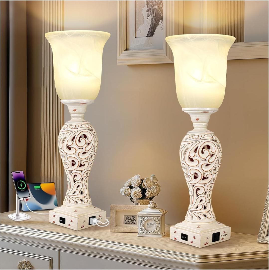 Bedside Table Lamps for Bedroom Set of 2, 3-Way Dimmable Nightstand Lamps with 2 USB Charging Ports, 20" Vintage Desk Lamps with White Alabaster Glass Shade for Living Room Entryway, LED Bulb Included