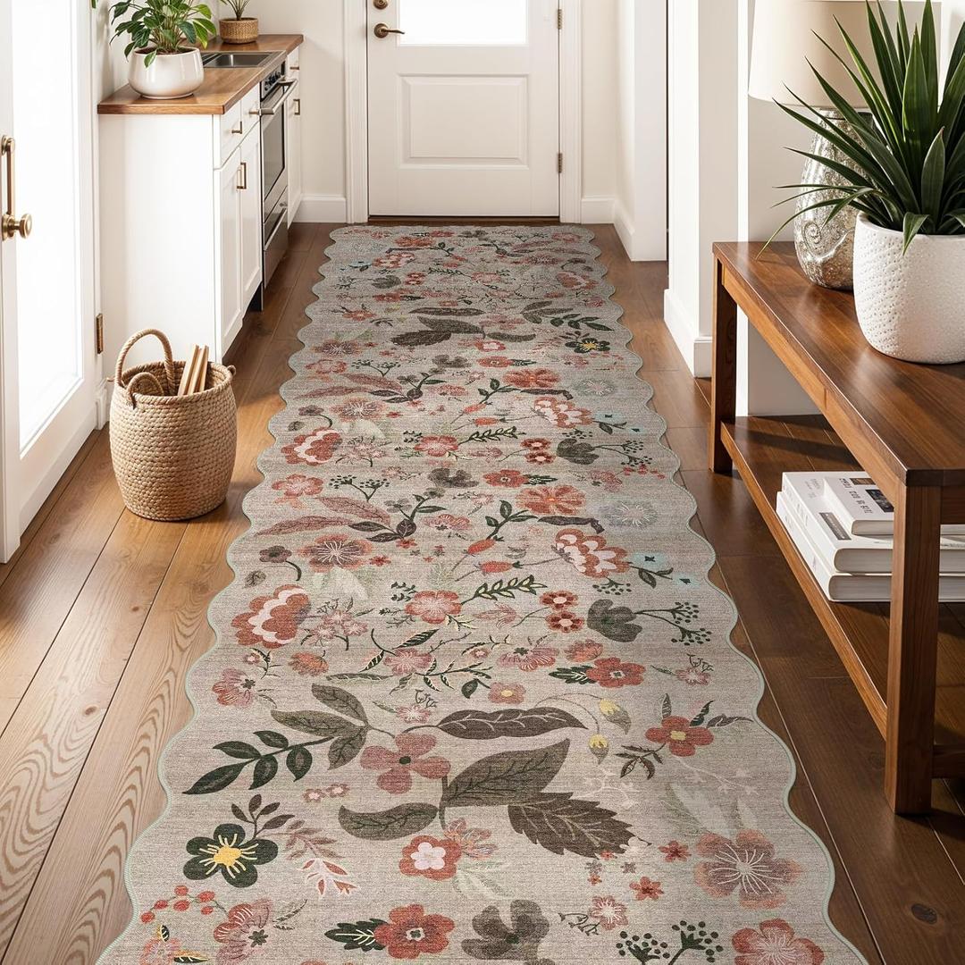 Carpet Runners for Hallway 12ft: 3X12 Washable Non Slip Scalloped Floral Rug for Kitchen Entryway - Stain Resistant Low-Pile Throw Rug for Boho Vintage Home Decor (3X12 Beige-Brown)