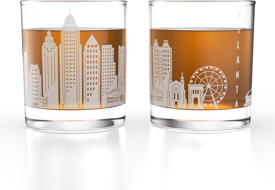 Greenline Goods  Atlanta, GA Skyline Whiskey Glasses (Set of 2), 10 oz  Rocks/Old Fashioned Tumblers