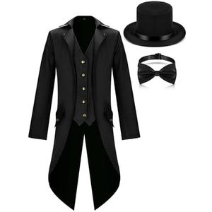Geyoga Halloween Mens Steampunk Vintage Tailcoat Jacket Costumes Medieval Gothic Uniform and Hat Bow Tie 2xXL