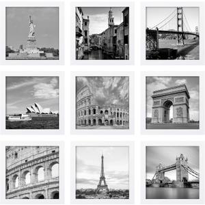eletecpro 8x8 Picture Frames Set of 9 Classic Gallery Wall Frame Set Displays 4x4 Photo with Mat or 8x8 without Mat, Square Picture Frames Collage Wall Decor, White Home Decor for Hanging