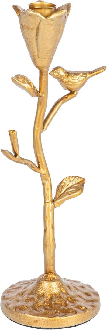 Creative Co-Op Hand-Forged Cast Iron Candelabra with Flowers and Bird, Gold (10-1/2"H)