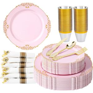 350pcs Gold Retro Dinnerware Sets Disposable, 50 Guests Heavy Duty Plastic Cutlery Sets, 100 Disposable Plates, 150 Silverware, 50 Cups, 50 Napkins for Wedding & Party, Pink