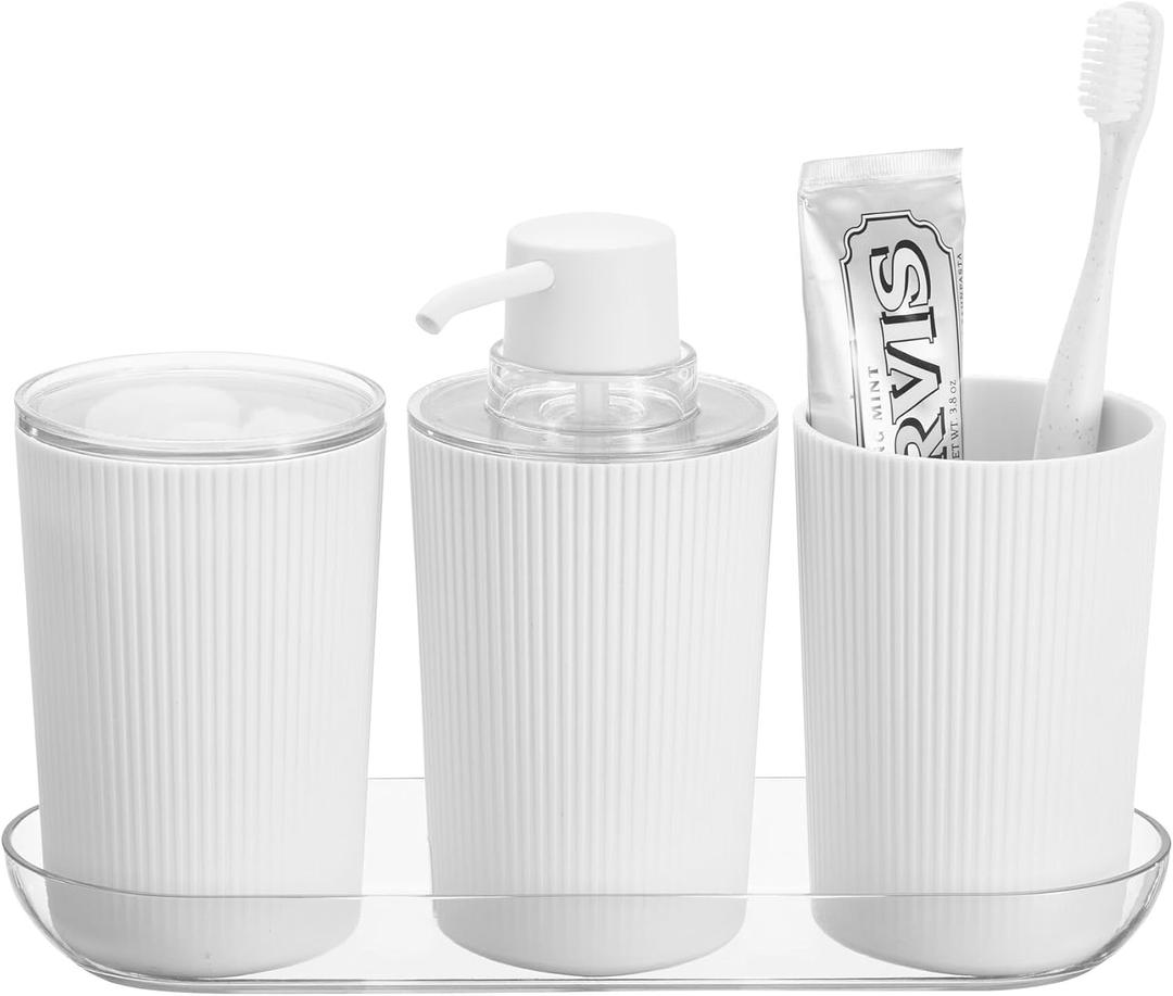 iDesign 4-Piece Bathroom Accessories Vanity Countertop-White/Clear Fluted Soap Pump Set with Tray