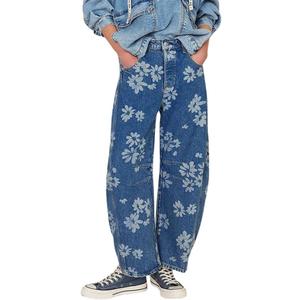 chouyatou Women's Y2k Baggy Wide Leg Denim Pants Boho Floral Printed Boyfriend Barrel Jeans with Pockets (X-Large, Flower)