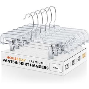 HOUSE DAY 100 Pack Skirt Hangers with Clips, Clear Plastic Pants Hangers with 2-Adjustable ClipsNon-Slip Clip Hanger for Pant, Skirts, Shorts, Bulk Retail Hanger, 100pc