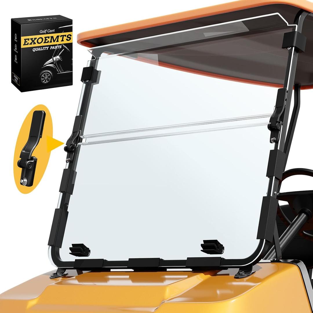 Premium Club Car Windshield, Golf Cart Windshield for Club Car DS 1982-2000.5, Foldable Design with Heavy-Duty Hinge, 5MM Thick PC, Anti-UV & Impact Resistant, Rattle-free, Easy Install