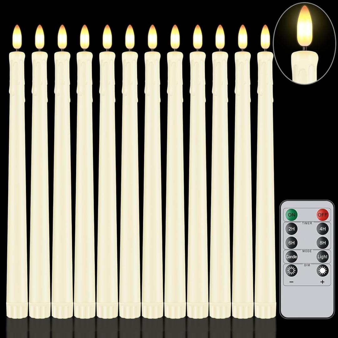 12 Pcs Flameless Taper Candles with Remote Timer, 11" Long Battery Operated Taper Candles, Flickering 3D Flame, Plastic Fake LED Candlesticks for Home Wedding Party Holiday Decor, Ivory