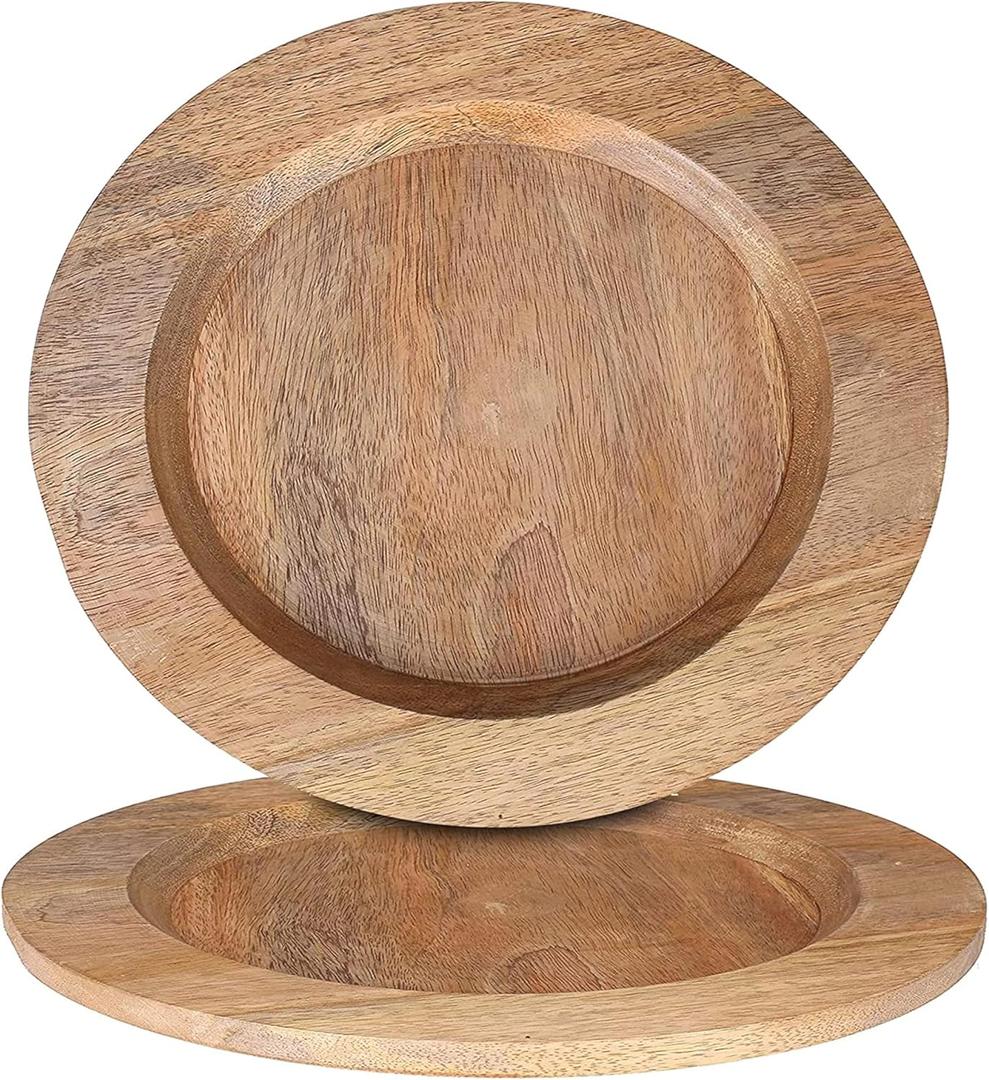 Alpha Living Home 13 inch Rustic Wood Charger Plates - 2 Pack Handcrafted Round Decorative Dinner Serving Tray for Dining, Holiday, Party, Special Event, Decoration, Weddings & Outdoor Wedding (Brown) (Natural)