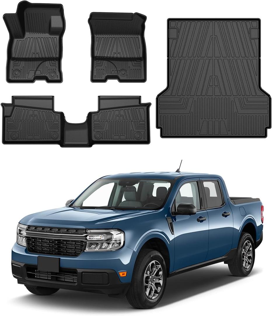 Powerty Floor Mats & Truck Bed Mat for 2022-2024 2025 2026 Ford Maverick Gas Model Accessories Floor Mats 2 Row Liner Set All Weather TPE 3D Floor Liners&Truck Bed Liner