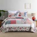 camandy Cotton Bedspread Quilt Bedding Sets 3 Pieces Reversible Coverlet Sets Comforters Vintage Red White Rose Floral Patchwork Bedspread, King Size