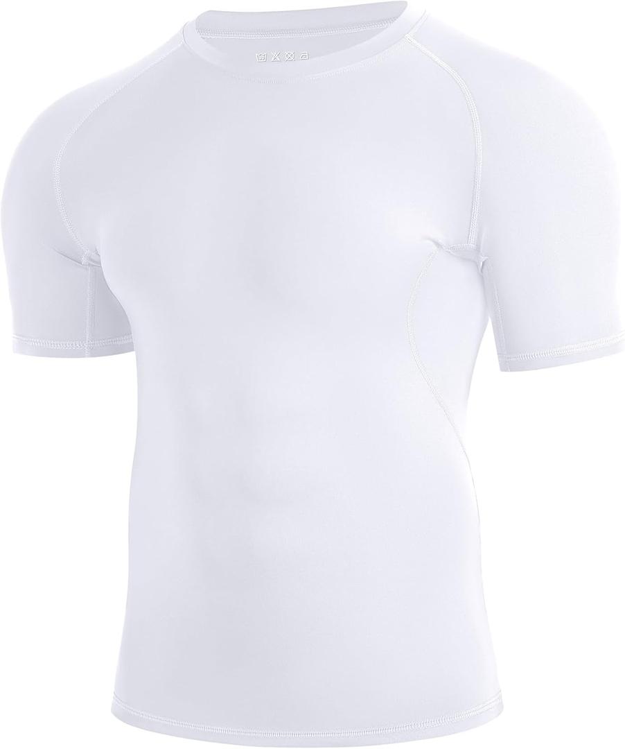 Men's Compression Shirt Short Sleeve Athletic Football Undershirts Quick Dry Base Layer T-Shirt Workout Gym Running, White, Medium