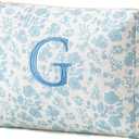 HBselect Initial Quilted Makeup Bag, Cotton Large Travel Makeup Bag, Cute Floral Coquette Make up Bag Cosmetic Bag Toiletry Bag for Women Girls G, 9.5 x 6.3 x 6.3 in