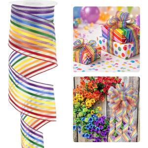HUIHUANG Rainbow Stripe Sheer Wired Ribbon 2.5 inch Multi-Colored Stripes Wire Edge Ribbon for Gift Wrapping, Bows Making, Wreath, Crafts, Birthday, Pride Party Decor - 10 Yards