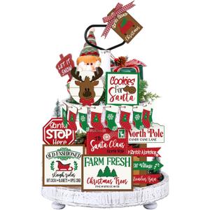 17 Pcs Christmas Tiered Tray Decor Set Winter Tiered Tray Decorations Reindeer Xmas Stocking Wooden 3D Signs Farmhouse Christmas Table Decorations for Home Shelf Rustic Table Centerpiece