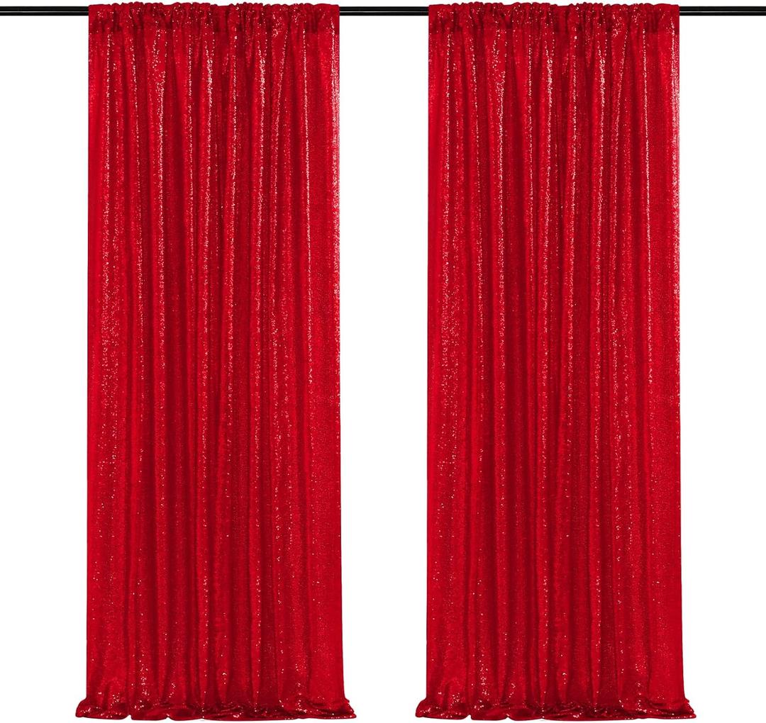 Red Sequin Backdrop Curtains-2 Panels 2FTx8FT Red Backdrop for Valentines Day, Glitter Party Decorations Background Drapes for Wedding Birthday Anniversary Graduation Photo Booth Decor