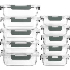 [10-Pack] Glass Meal Prep Containers with Lids, MCIRCO Food Storage Containers with Snap Locking Lids, Airtight Lunch Containers, Microwave, Oven, Freezer, and Dishwasher (Gray)